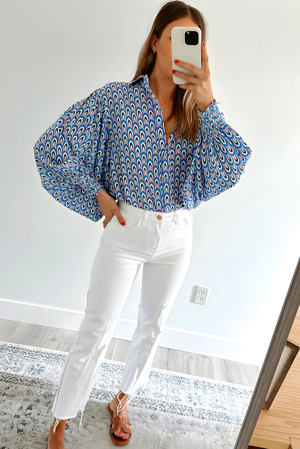 Blue Abstract Print Shirred Cuff Buttoned Oversized Shirt