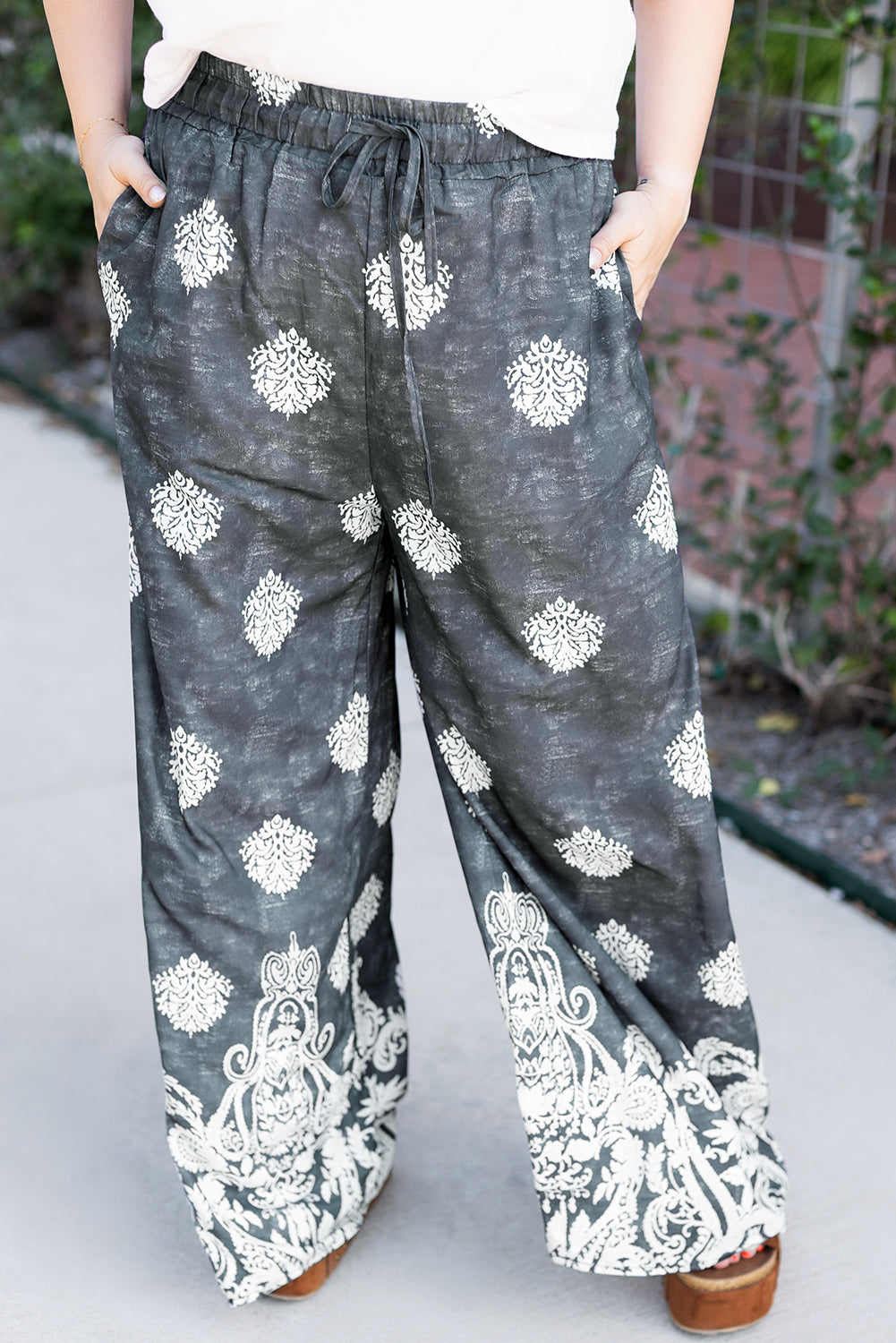 Black Plus Size Geometric Ethnic Print Drawstring Wide Leg Pants Black 100%Polyester Dear-Lover Dropshipping Plus Size/Plus Size Bottoms