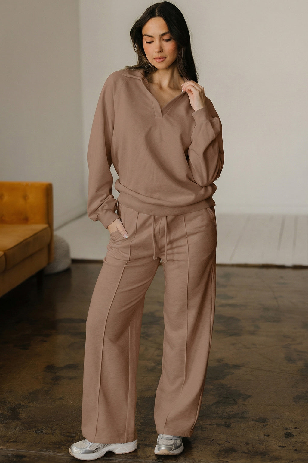 Polo Collar V Neck Pullover and Drawstring Sweatpants Set Bazaare Mart Two Piece Sets/Pant Sets