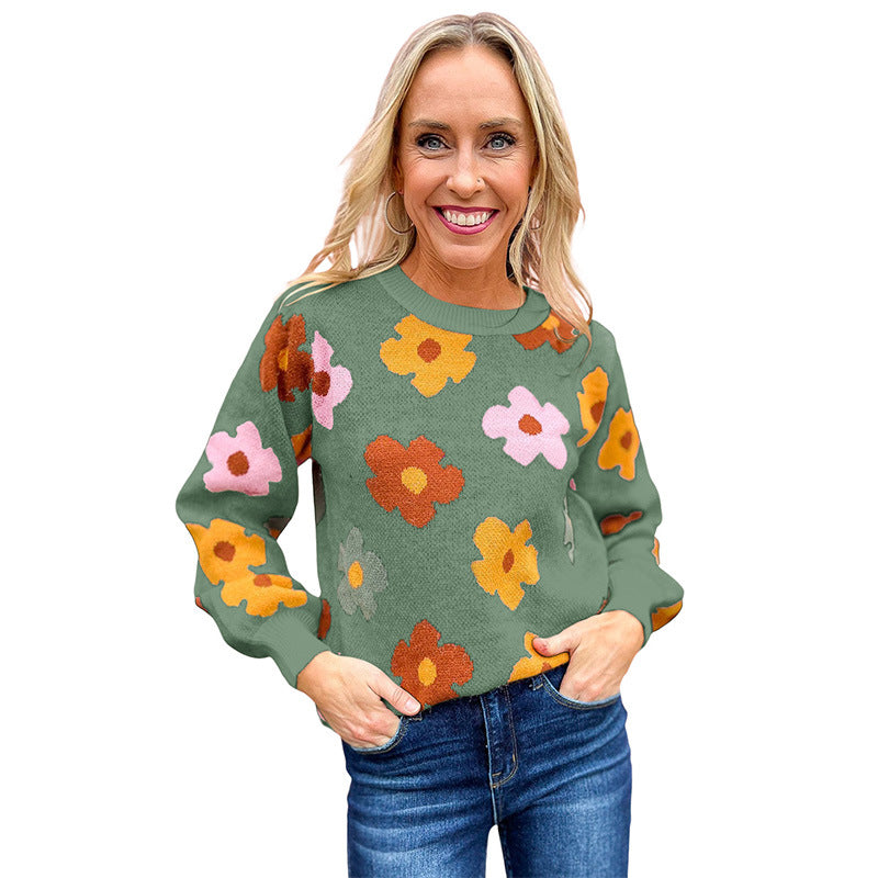 Green Colorful Chunky Flower Pullover Sweater