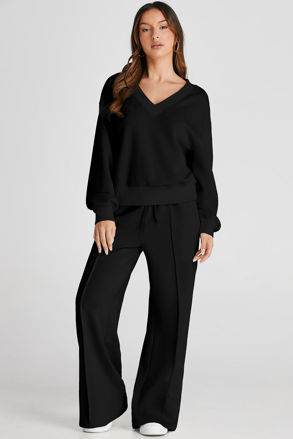 Black V Neck High Waist Pants Set
