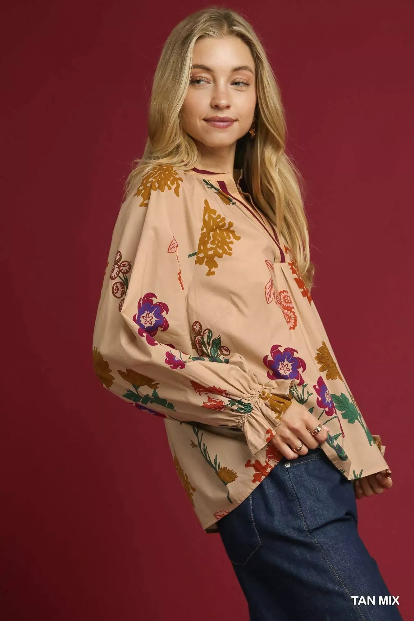 Umgee Floral Print Flounce Sleeve Blouse Trendsi Umgee Floral Print Flounce Sleeve Blouse