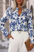 Blue Floral Notched Neck Elegant Blouse Sky Blue 100%Polyester Bazaare Mart Tops/Blouses & Shirts