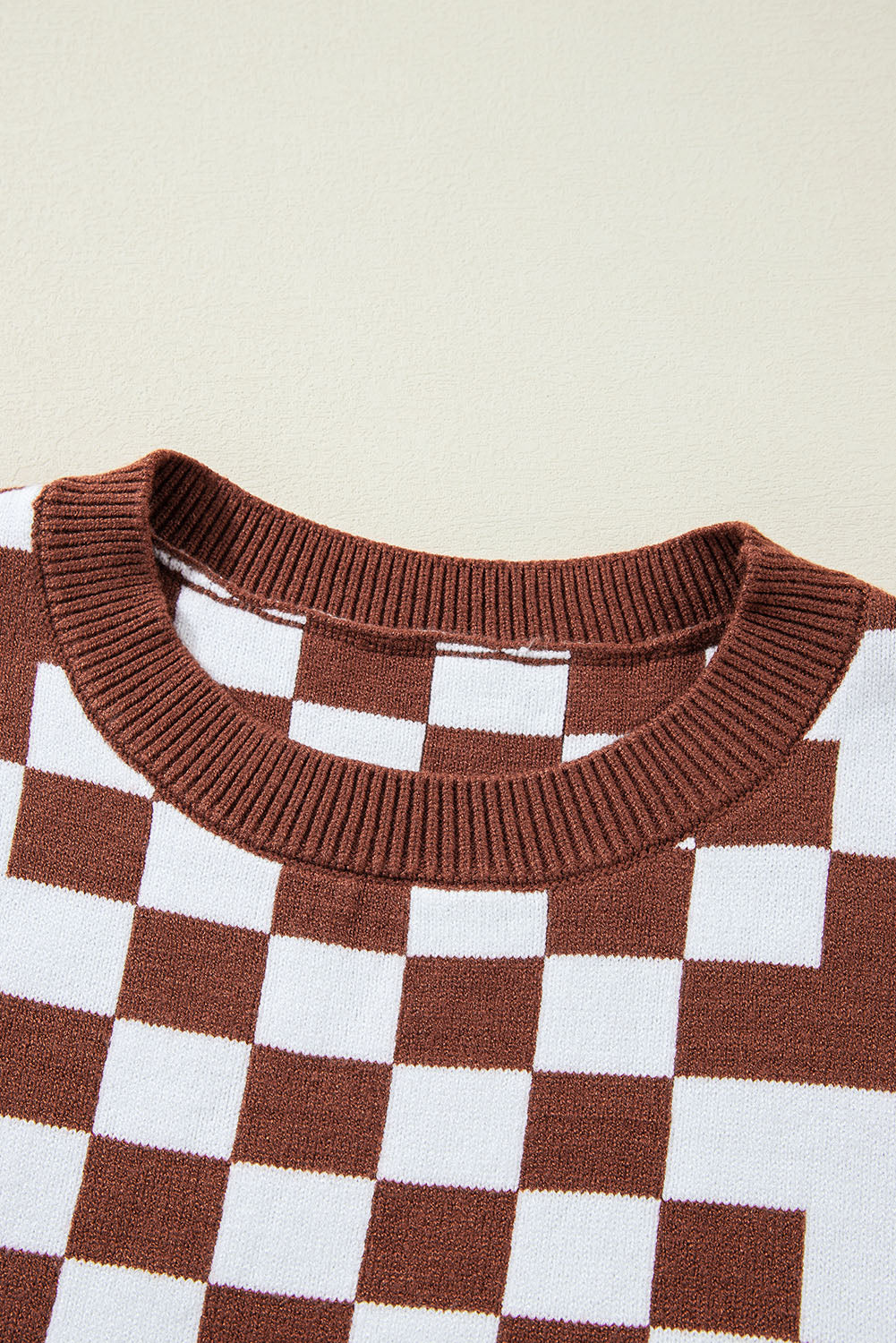 Brown Checkered Drop Shoulder Round Neck Sweater