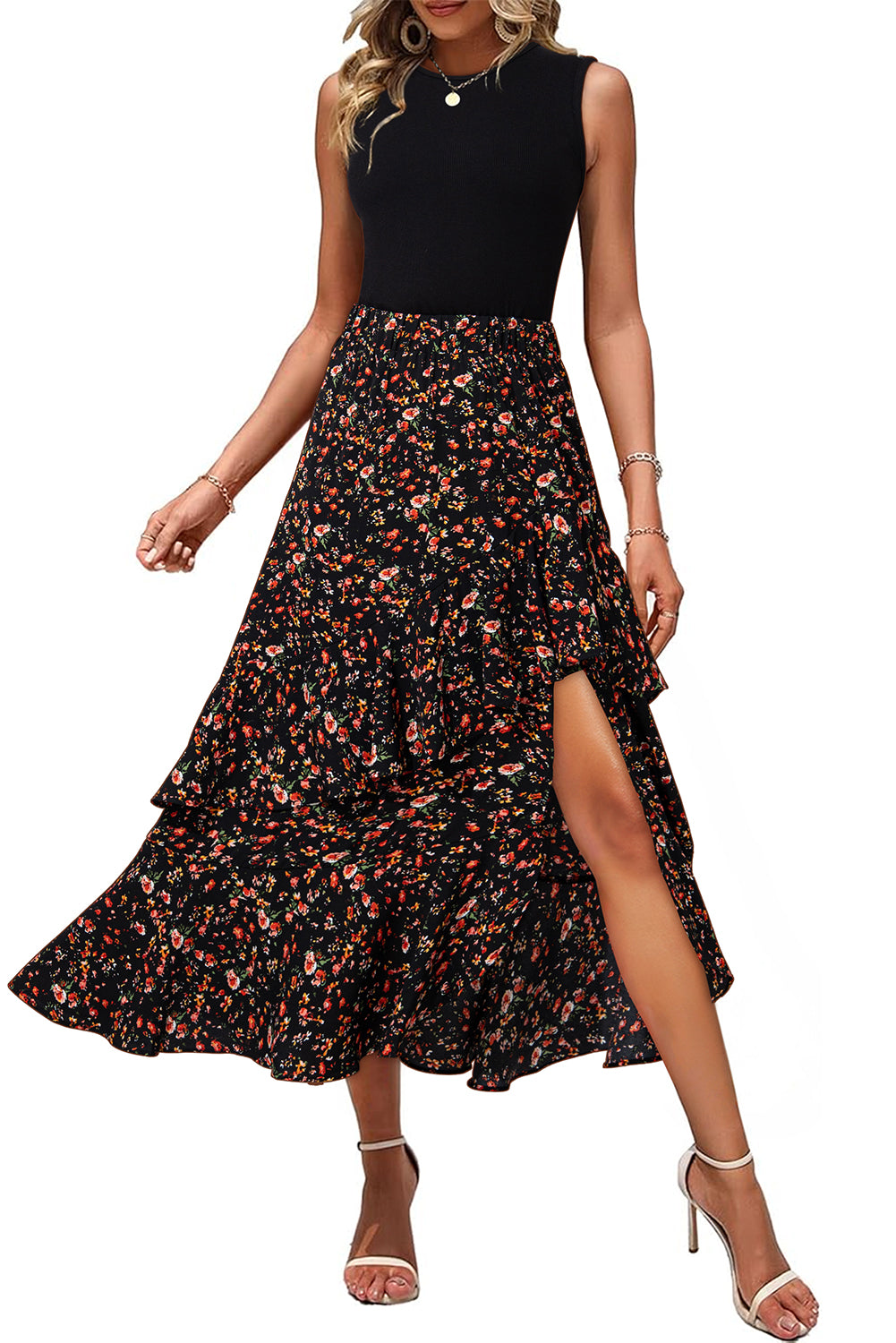 Black Floral Patchwork Asymmetric Ruffle Dress Shewin Midi Dresses