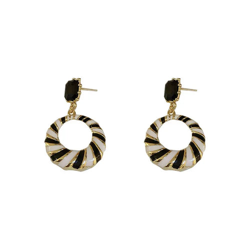 B&W Retro Striped Earrings Bazaare Mart B&W Striped Enamel Hoops
