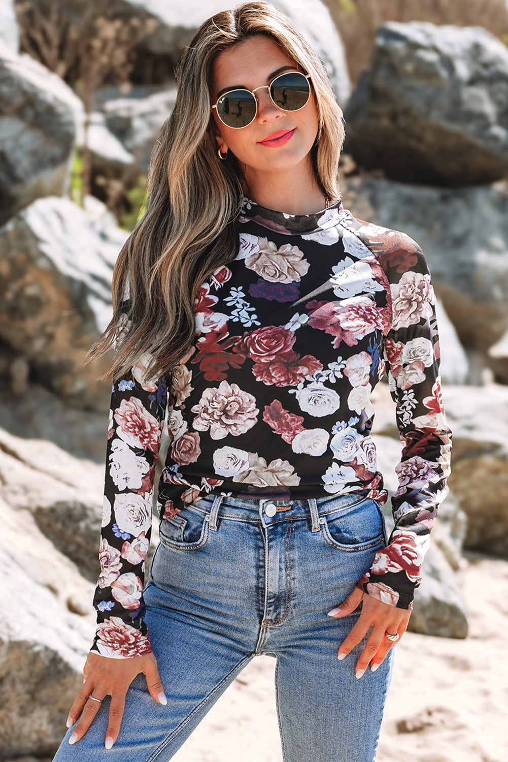Black Floral Mesh Mock Neck Long Sleeve Top