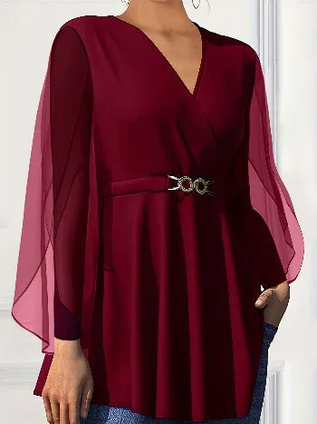 Chiffon V-Neck Peplum Blouse Bazaare Mart Plus Size/Plus Size Tops/Plus Size Blouses & Shirts