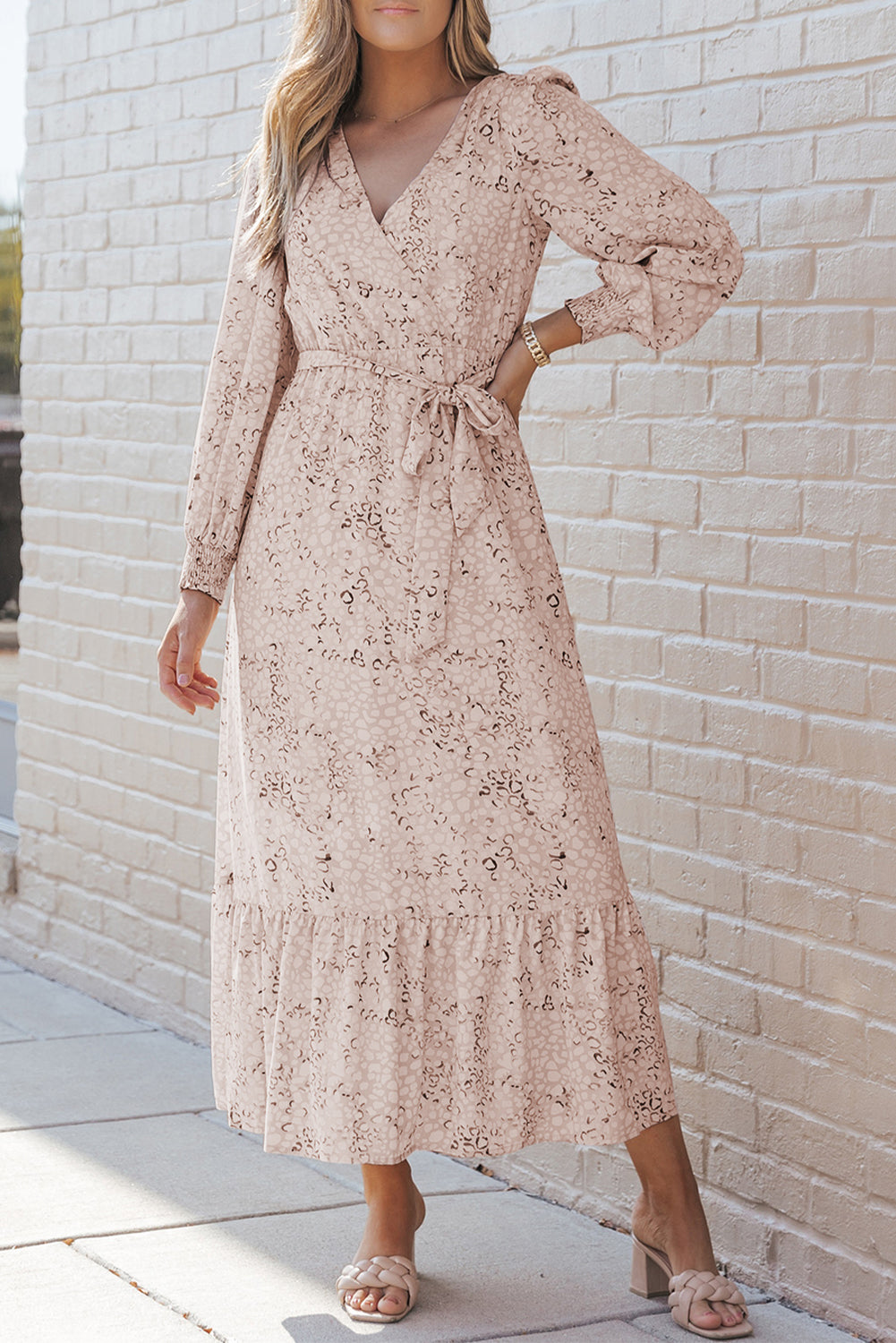 Leopard Long Sleeve Maxi Dress with Sash