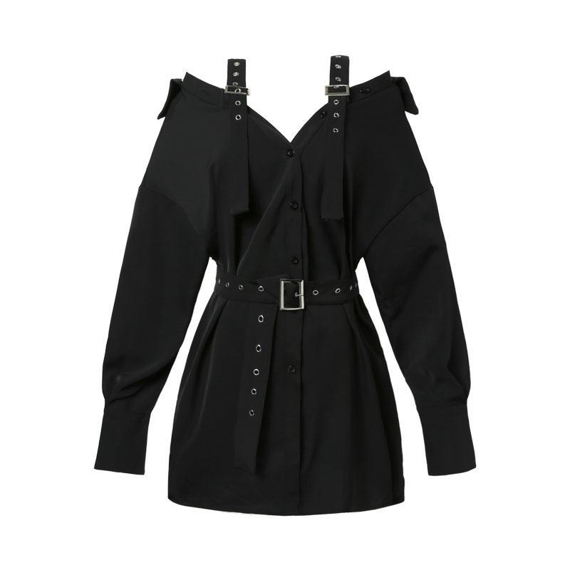Gothic Belted Off Shoulder Mini Shirt Dress