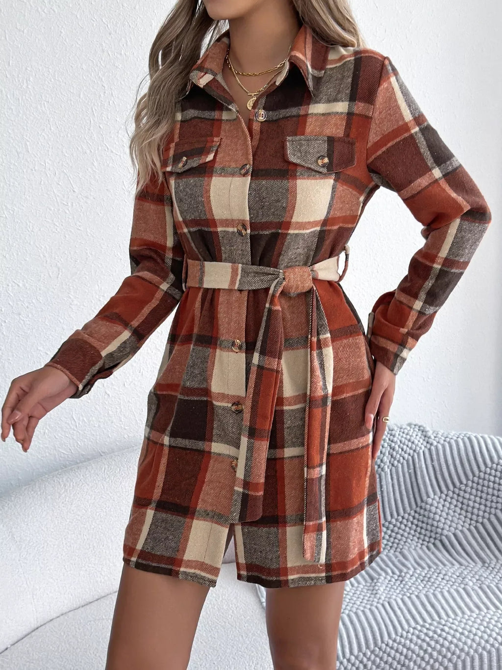 Plaid Button Front Tie Waist Mini Shirt Dress Bazaare Mart Plaid Long Sleeve Shirt Dress