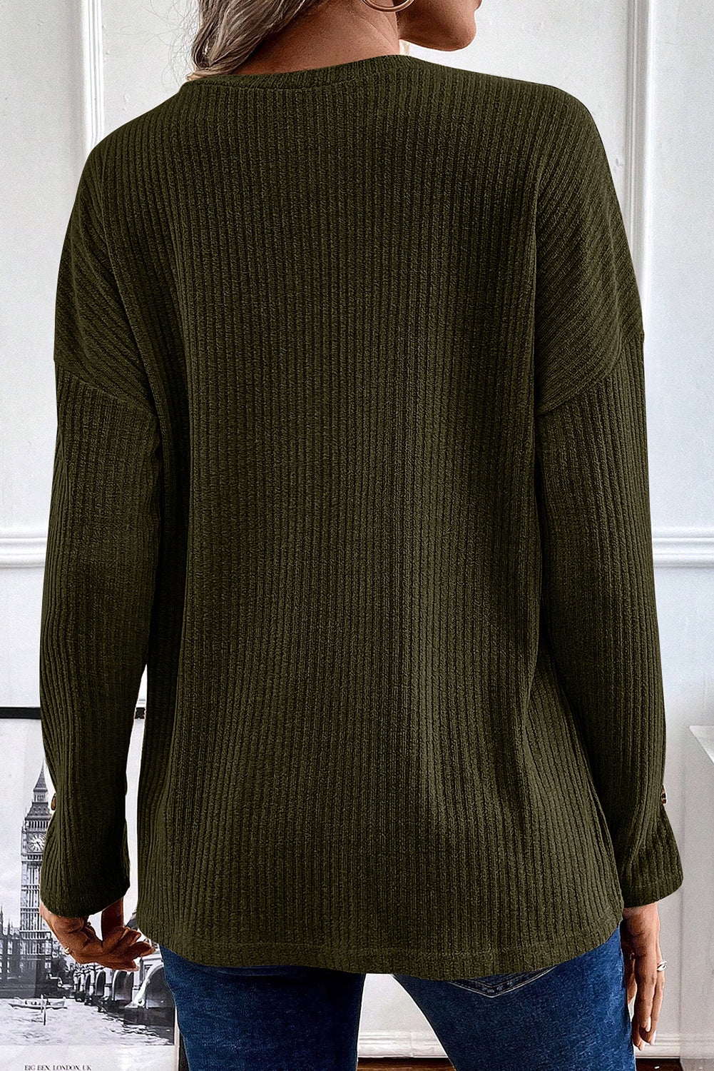 Army Green Rib Textured Henley Knit Top