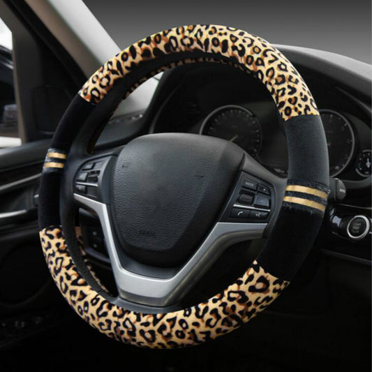 Winter Plush Leopard and Leather Steering Wheel Covers