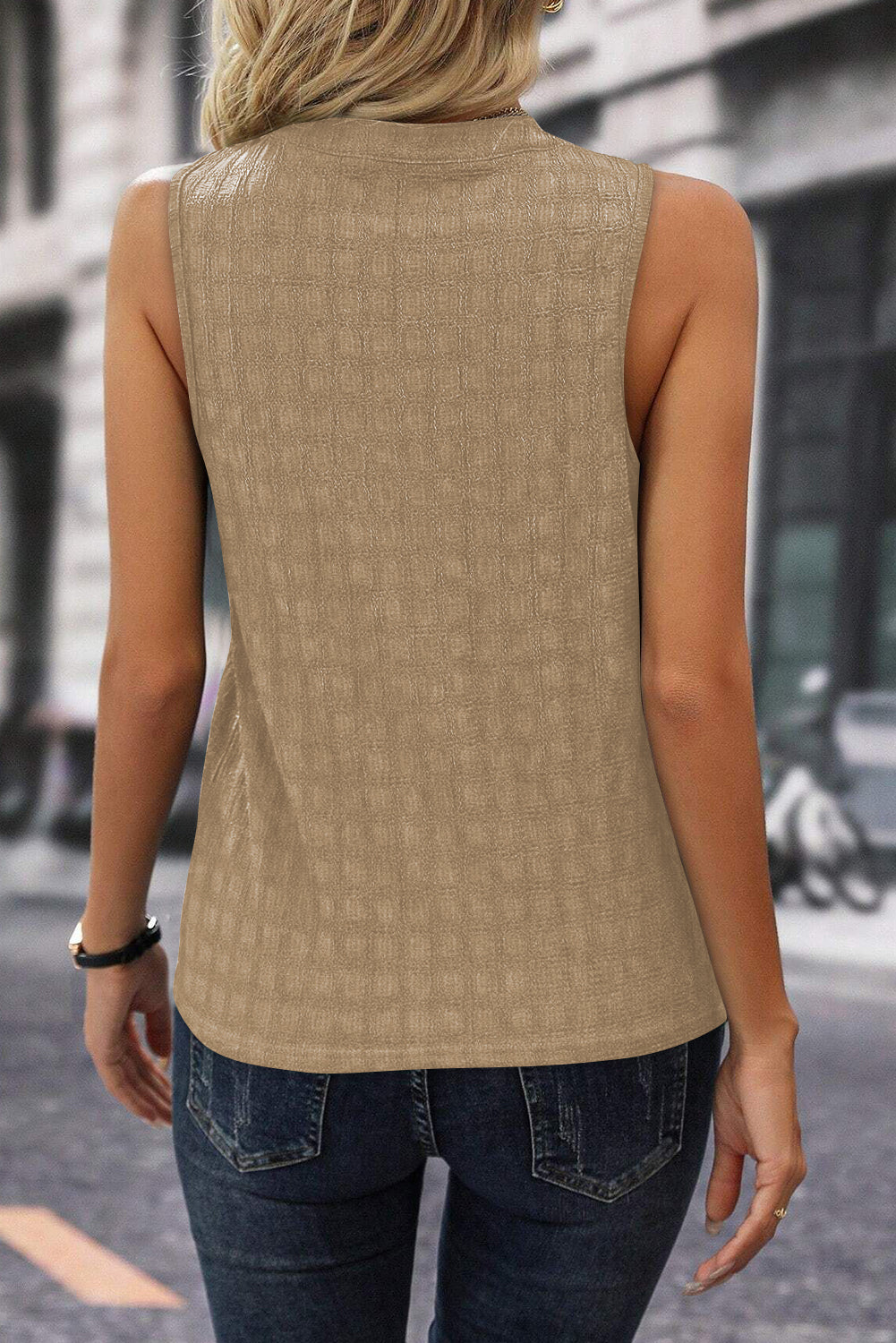 Light French Beige Lattice Textured Split Neck Tank Top