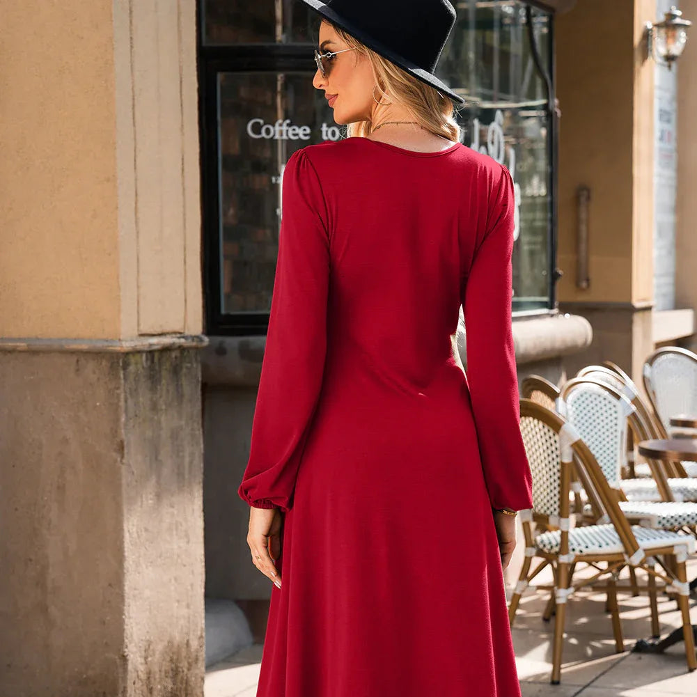 Red Round Neck Long Sleeve Dress Bazarre Mart Dresses/Midi Dresses