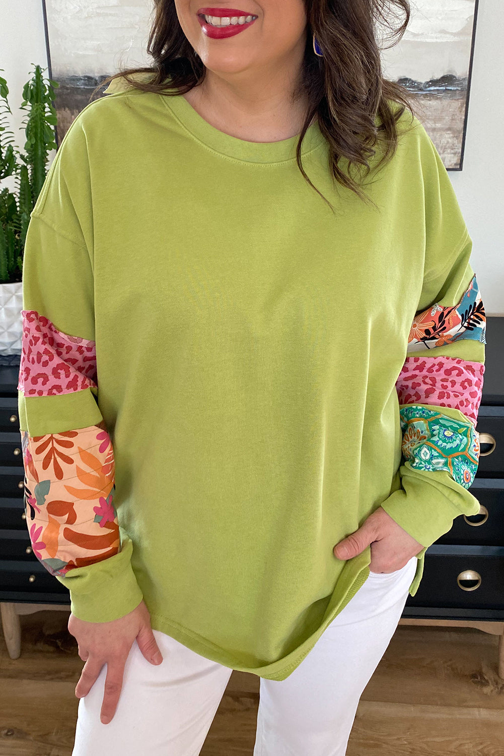 Lime Green Plus Size Patchwork Sleeve Sweatshirt