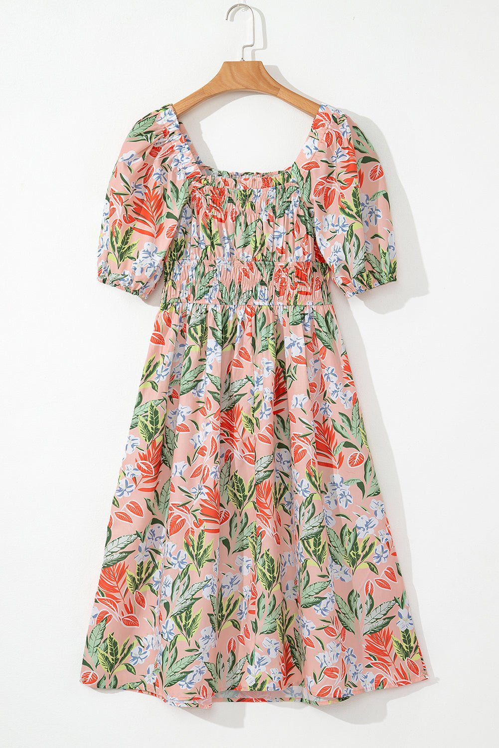 Apricot Floral Smocked Bust Bubble Half Sleeve Midi Dress