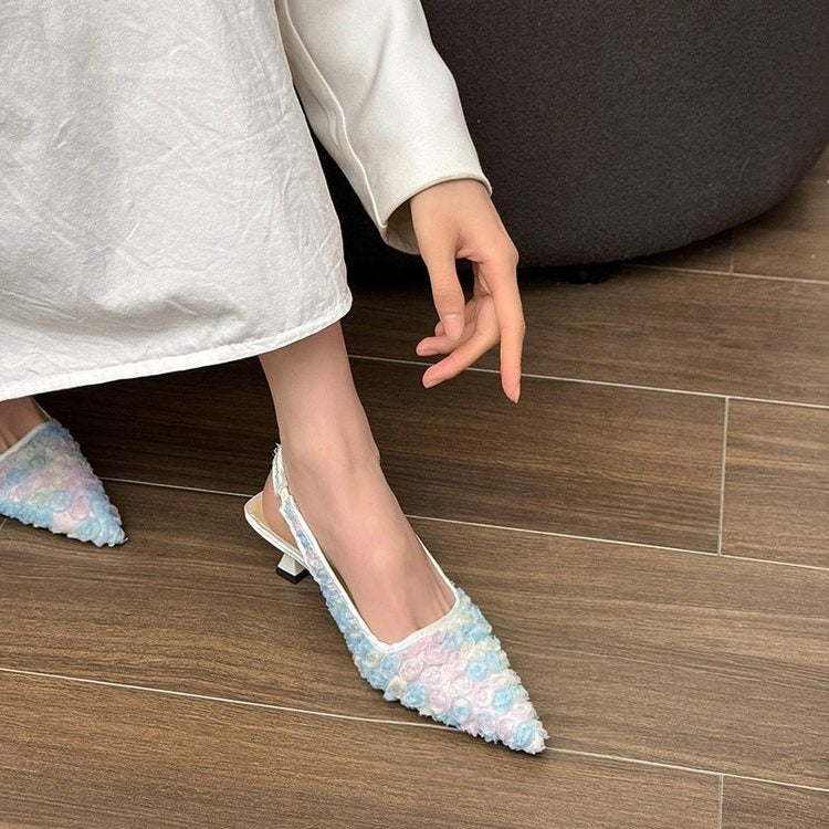 Women's French Style Lace Flower Closed Toe Sandals 2025 Summer New Pointed Toe Backless Slim High Heel Mule Sandals Powder Blue CJ Dropshipping Lace Flower Pointed Toe Sling Heels