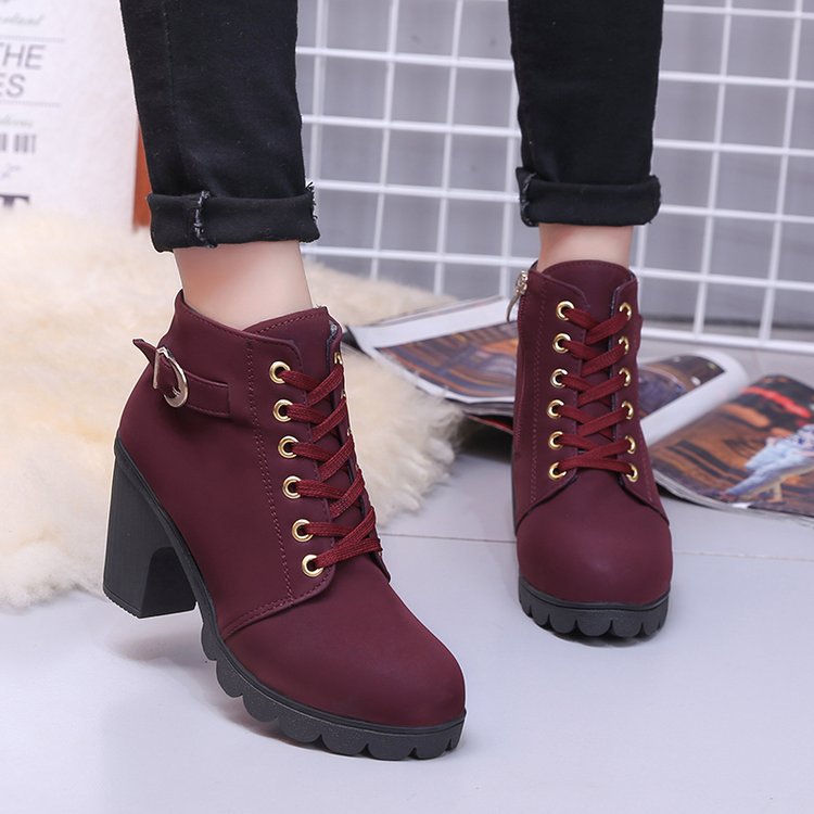 Burgundy Chunky Heel Faux Suede Booties