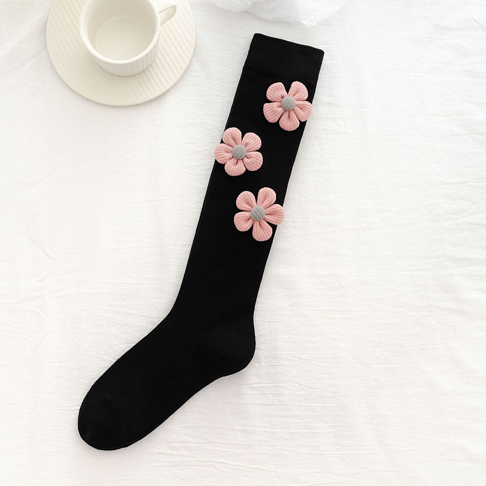 Floral Sequined Bow Knee-High Socks Black pink flower One size CJ Dropshipping Floral Socks