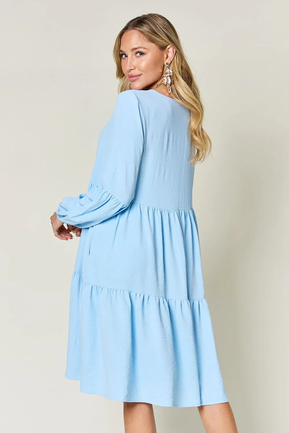 Solid V-Neck Long Balloon Sleeve Tiered Dress Bazaare Mart Long Sleeve Layered Dress