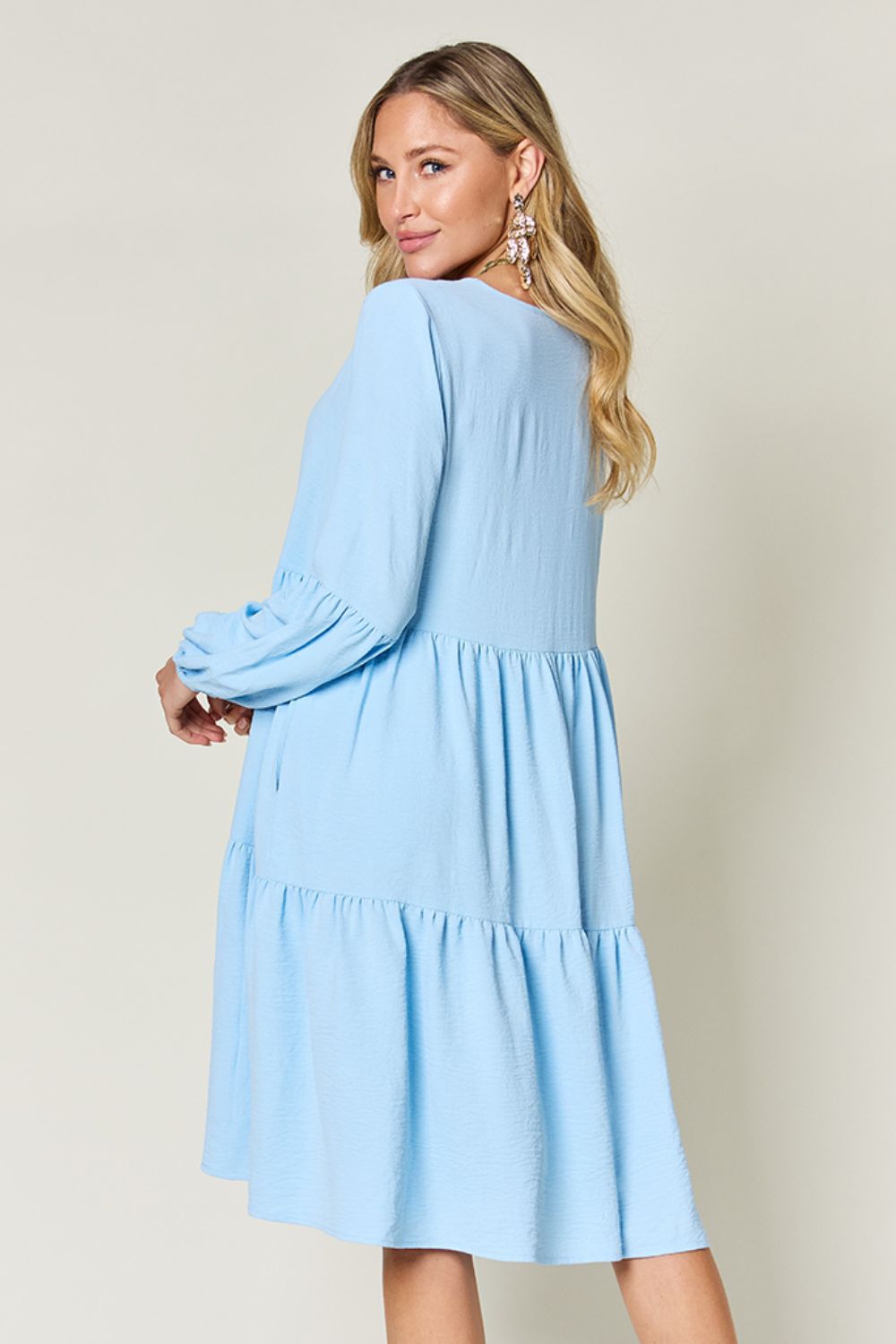 Trendy V-Neck Long Balloon Sleeve Tiered Dress