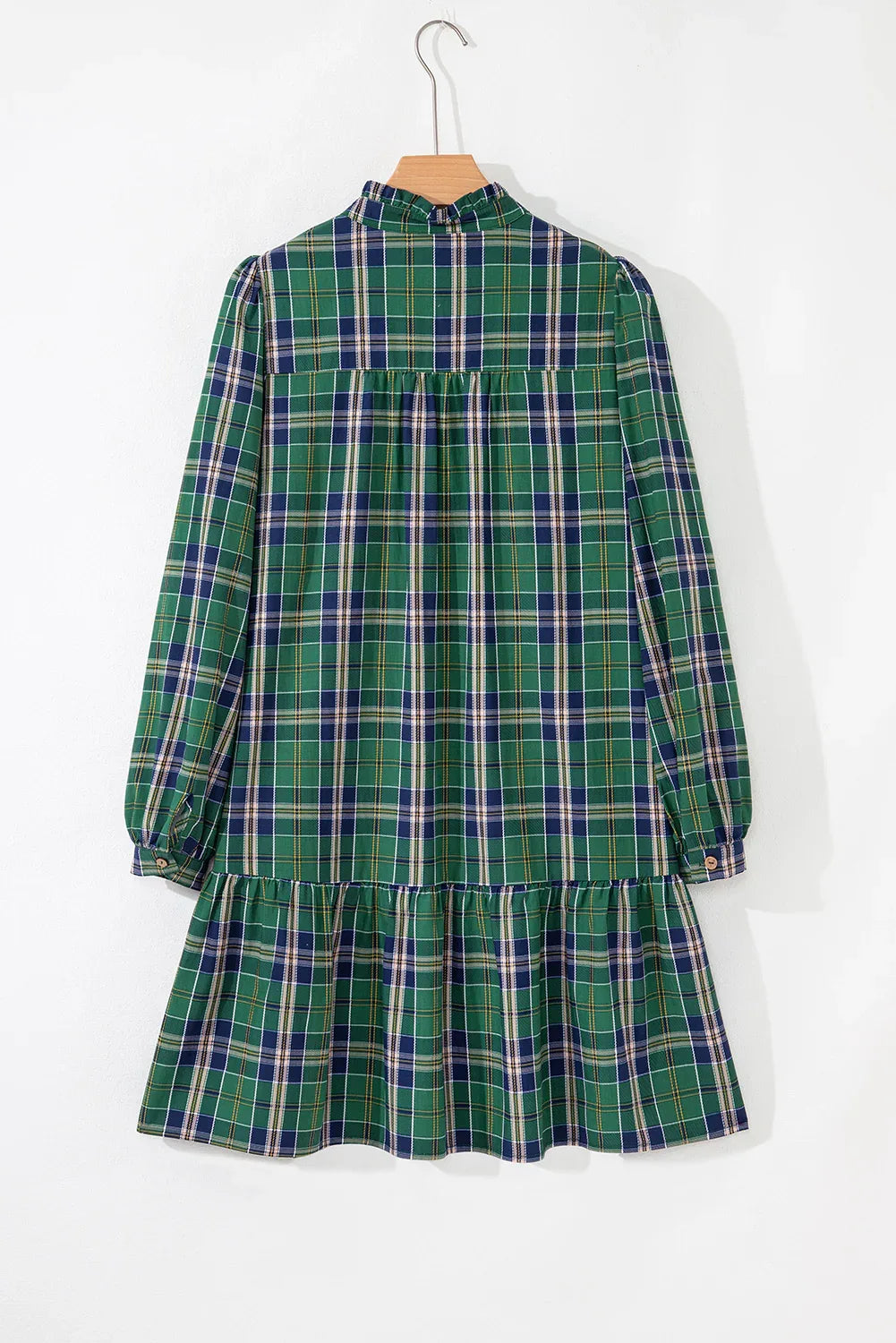 Green Plaid Long Sleeve Tiered Mini Dress Bazaare Mart Plus Size/Plus Size Dresses/Plus Size Mini Dresses