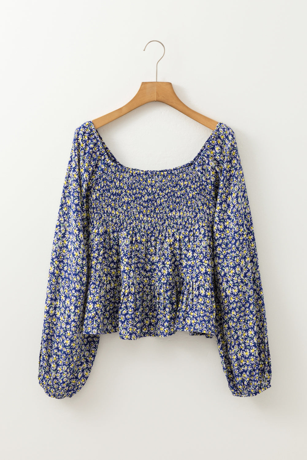 Blue Floral Smocked Square Neck Loose Fit Long Sleeve Blouse