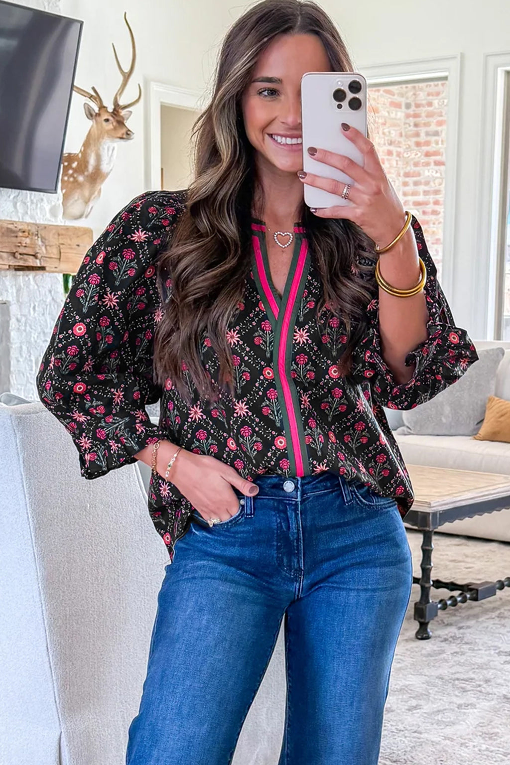 Black Contrast V Neck Bracelet Sleeve Floral Blouse