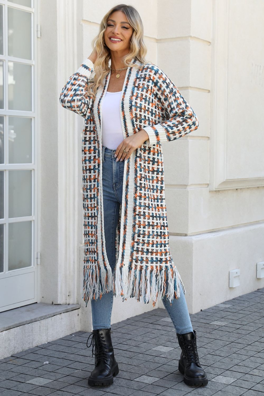 Multicolor Open Front Fringe Hem Duster Cardigan