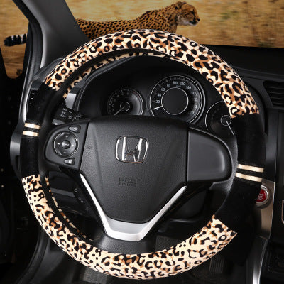 Winter Plush Leopard and Leather Steering Wheel Covers