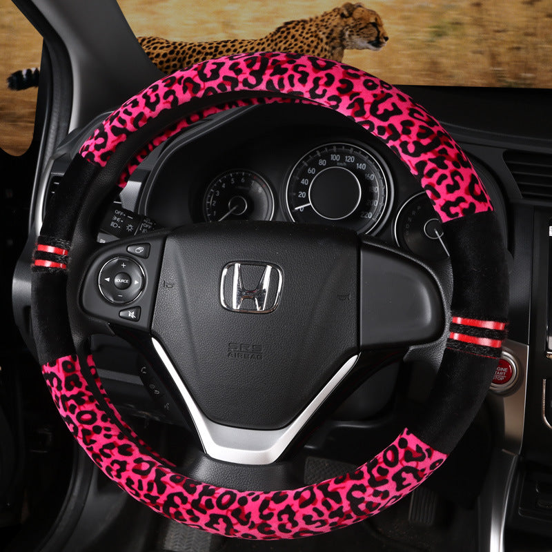 Winter Plush Leopard and Leather Steering Wheel Covers