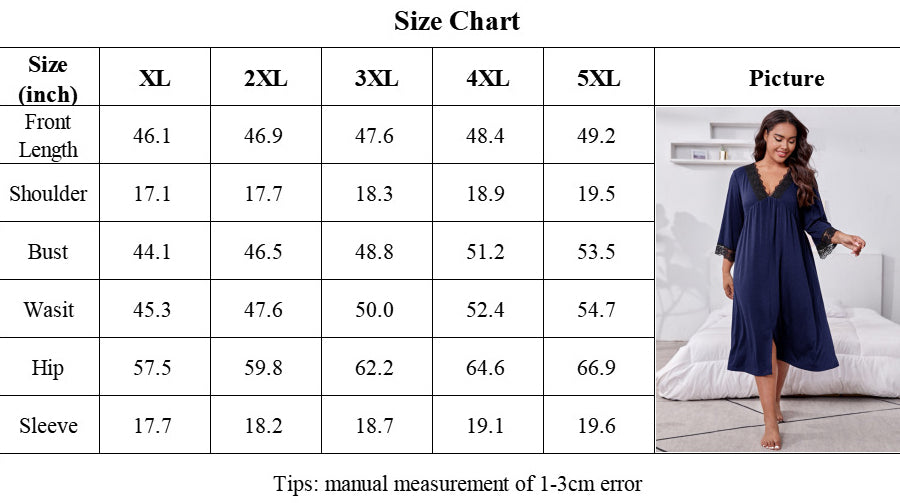 Plus Size Navy Three-quarter Sleeve Lace Nightgown CJ Dropshipping Navy Night Gown