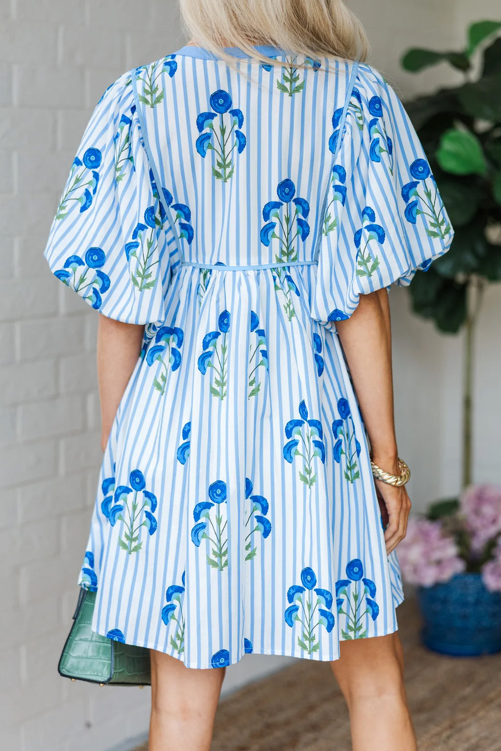Sky Blue Floral Striped Print Tie Notched Neck Puff Sleeve Flared Mini Dress Dear-Lover Dropshipping Dresses/Floral Dresses