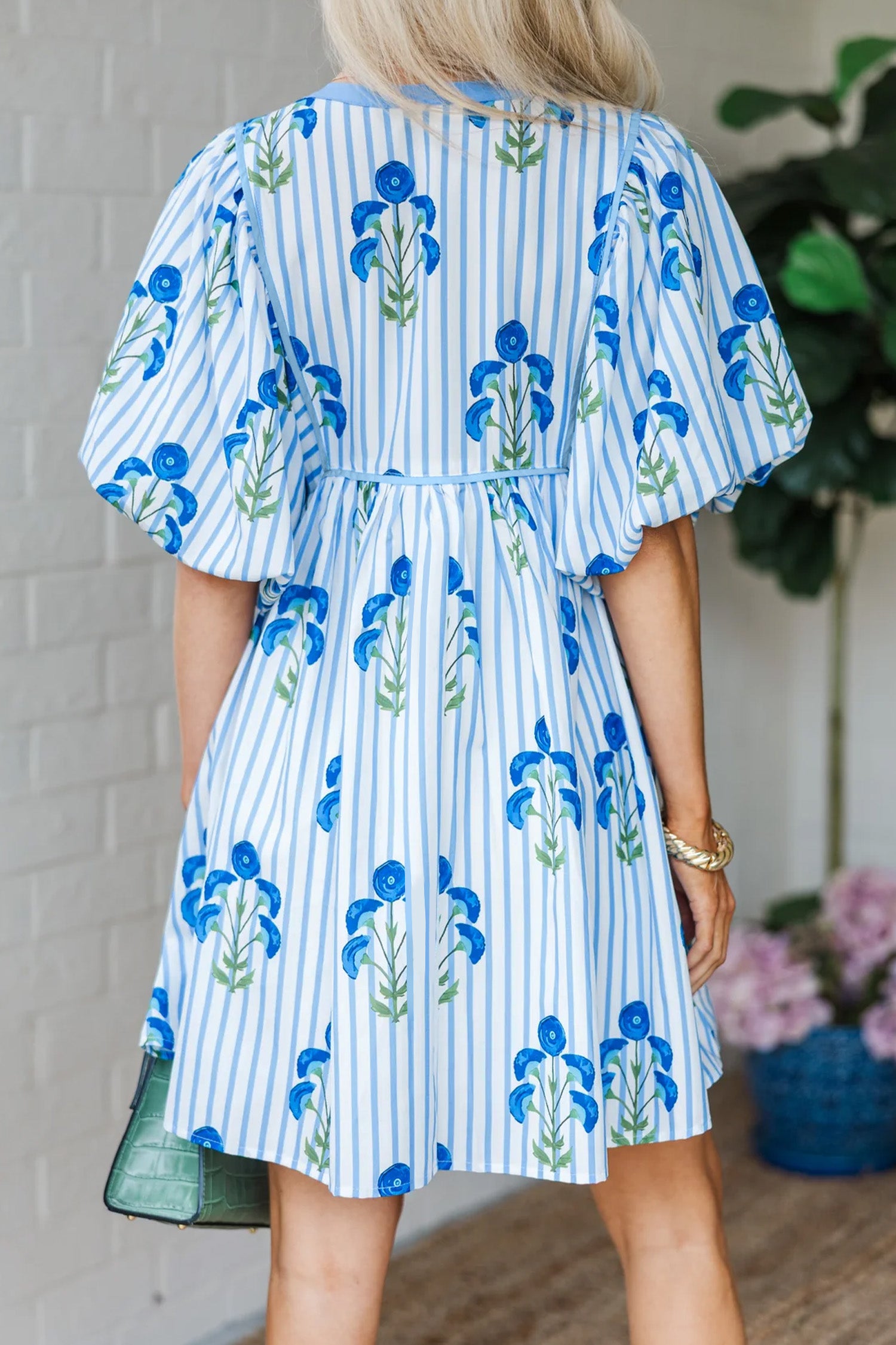 Sky Blue Floral Striped Print Tie Notched Neck Puff Sleeve Flared Mini Dress Dear-Lover Dropshipping Dresses/Floral Dresses