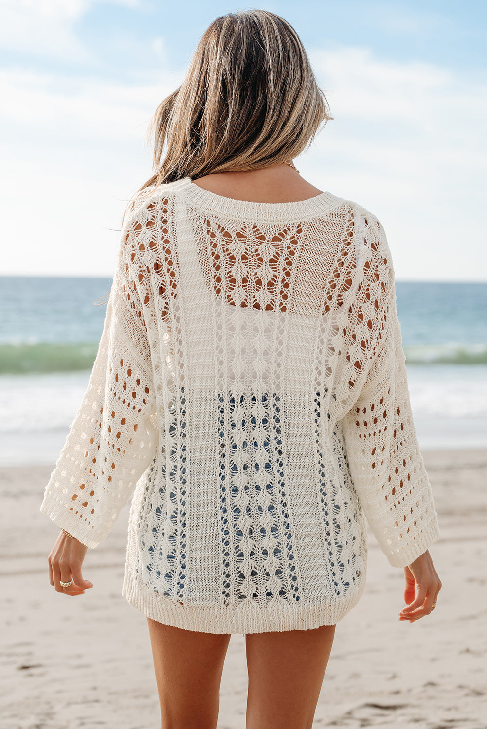 White Hollow Out Knit Sweater