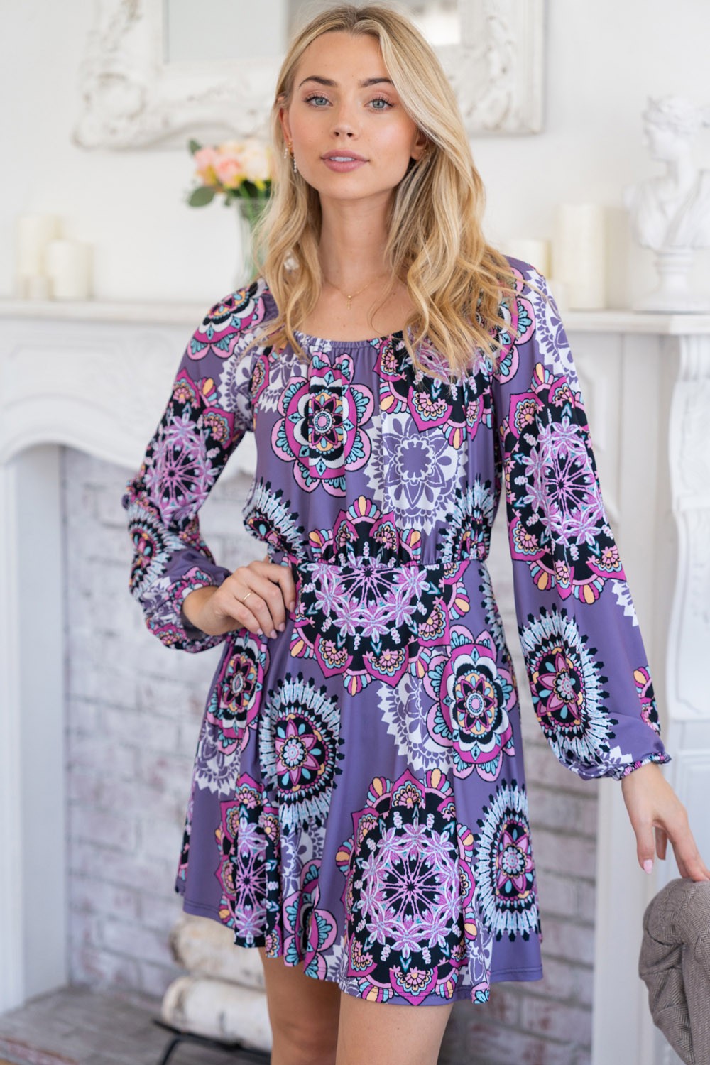 Purple Paisley Long Sleeve Mini Dress