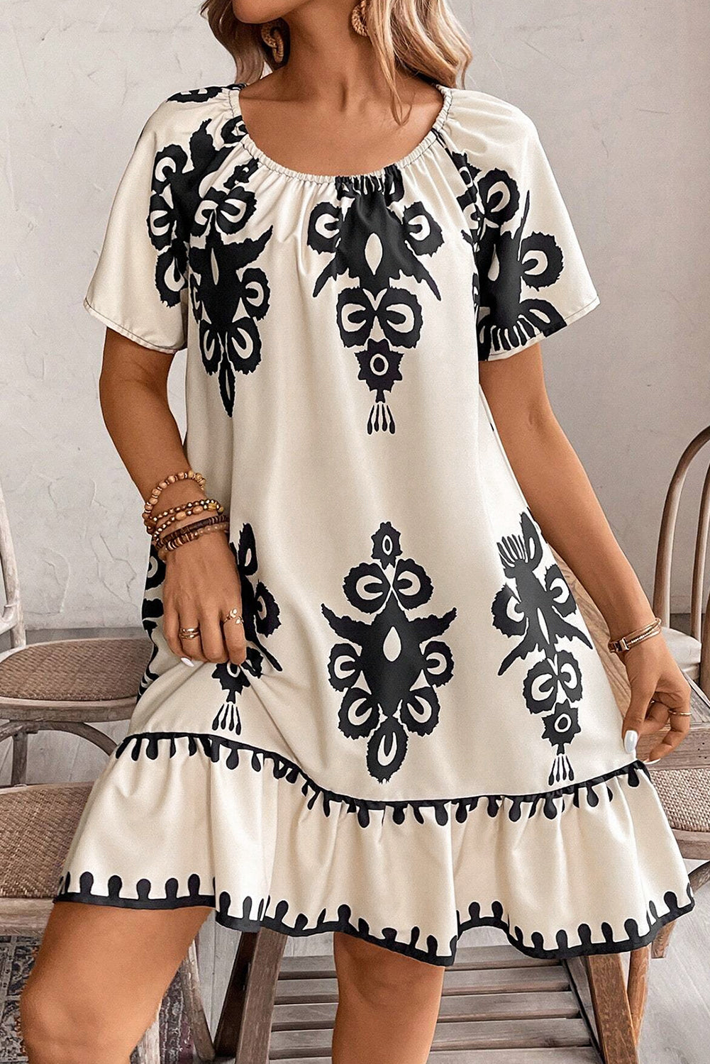Apricot Print Ruffled Short Sleeve Loose Dress