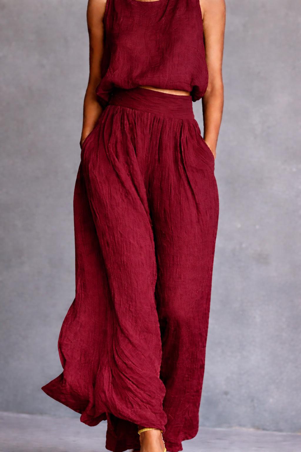 Solid Color Tank Top And Wide-Leg Pants Set Dark Red CJ Dropshipping Sleeveless Top and Pants Set