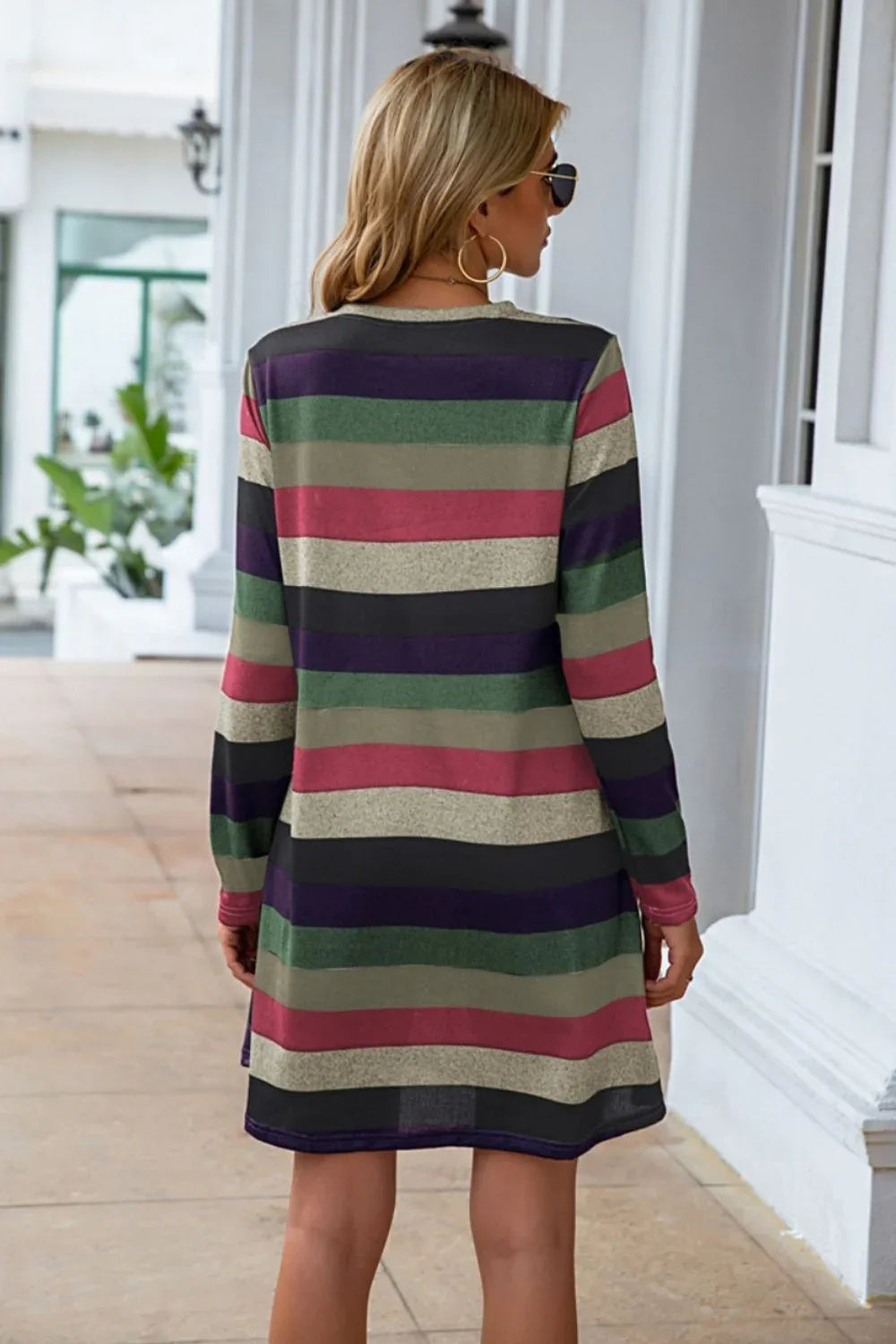 Striped Round Neck Long Sleeve Dress Bazaare Mart Striped Round Neck Long Sleeve Dress