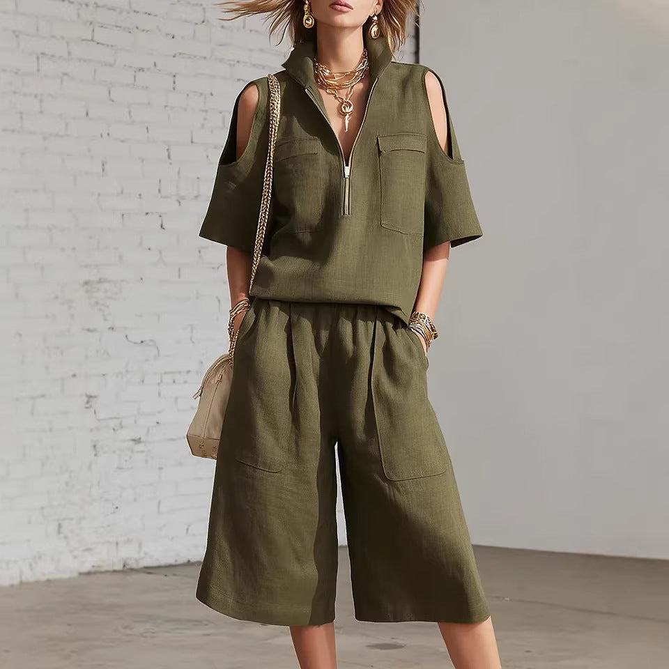 Women’s Cold Shoulder Half-Zip Top & Loose Gaucho Pants Set – Casual 2-Piece Outfit Plus Size CJ Dropshipping 2pc Cold Shoulder Camp Shirt and Gaucho