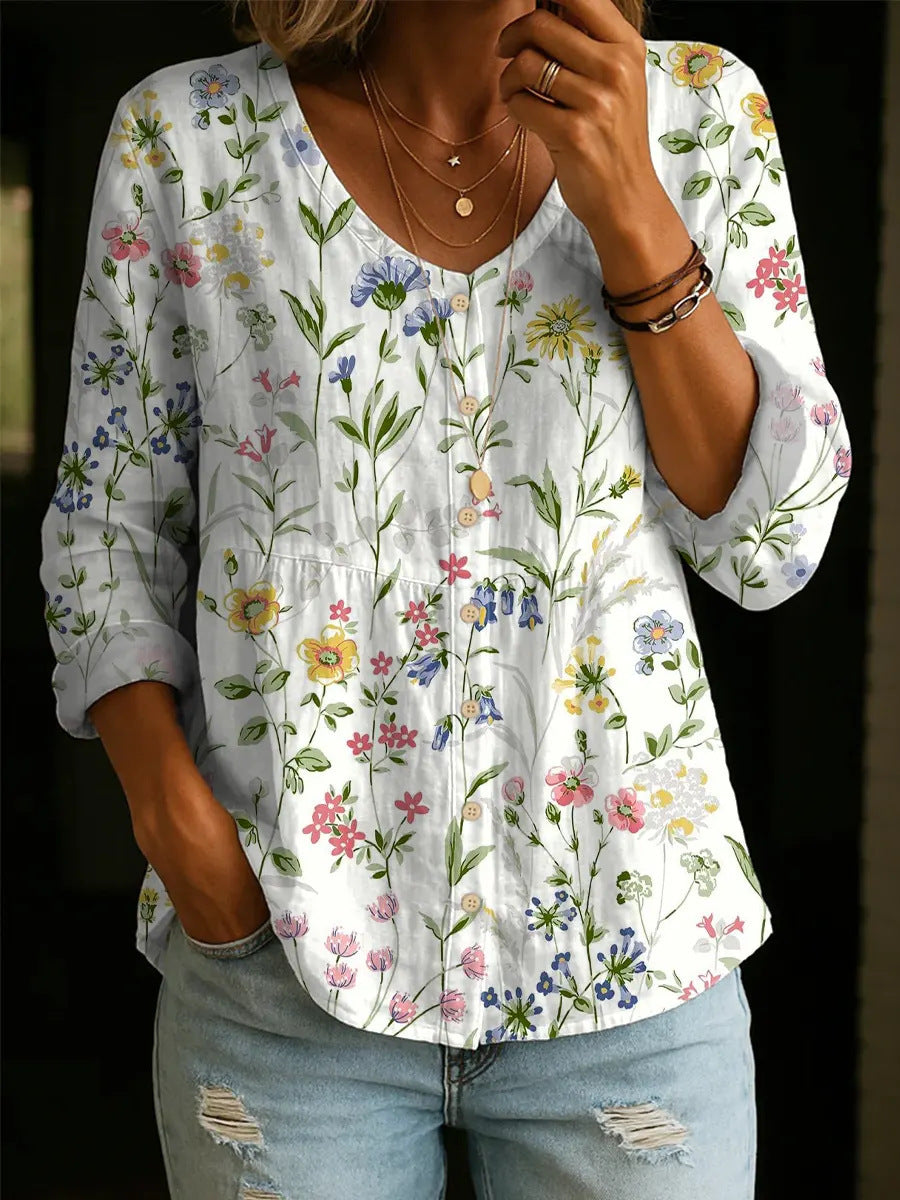 Women’s Floral Henley Top – 3/4 Sleeve 3D Printed Casual Blouse 7 Style CJ Dropshipping Floral 3D Printed Ladies' Henley Shirt