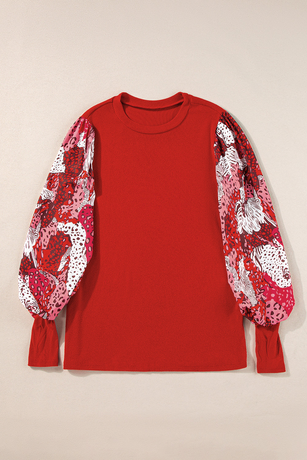 Red Contrast Lantern Sleeve Patchwork Top