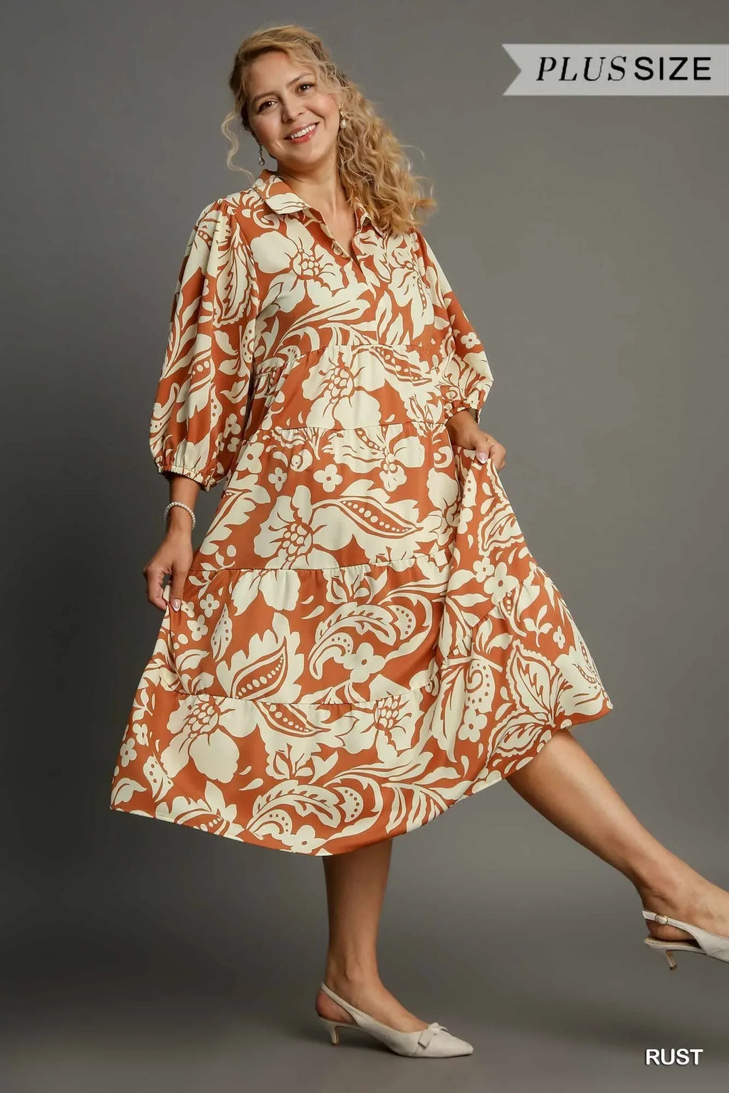 Umgee Rust Floral Tiered Midi Shirt Dress Trendsi Long Sleeve Floral Dress