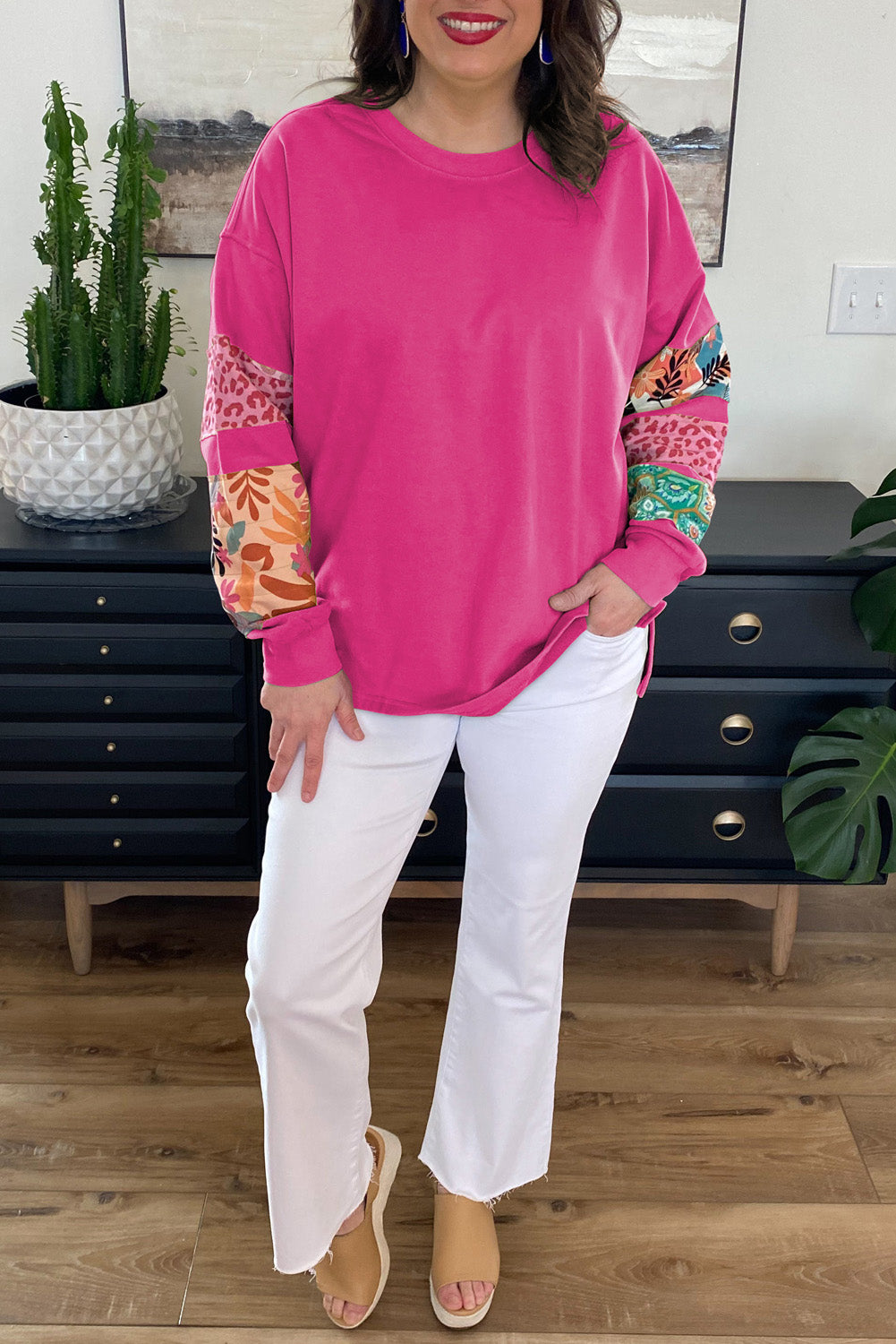 Magenta Patchwork Sleeve Sweatshirt