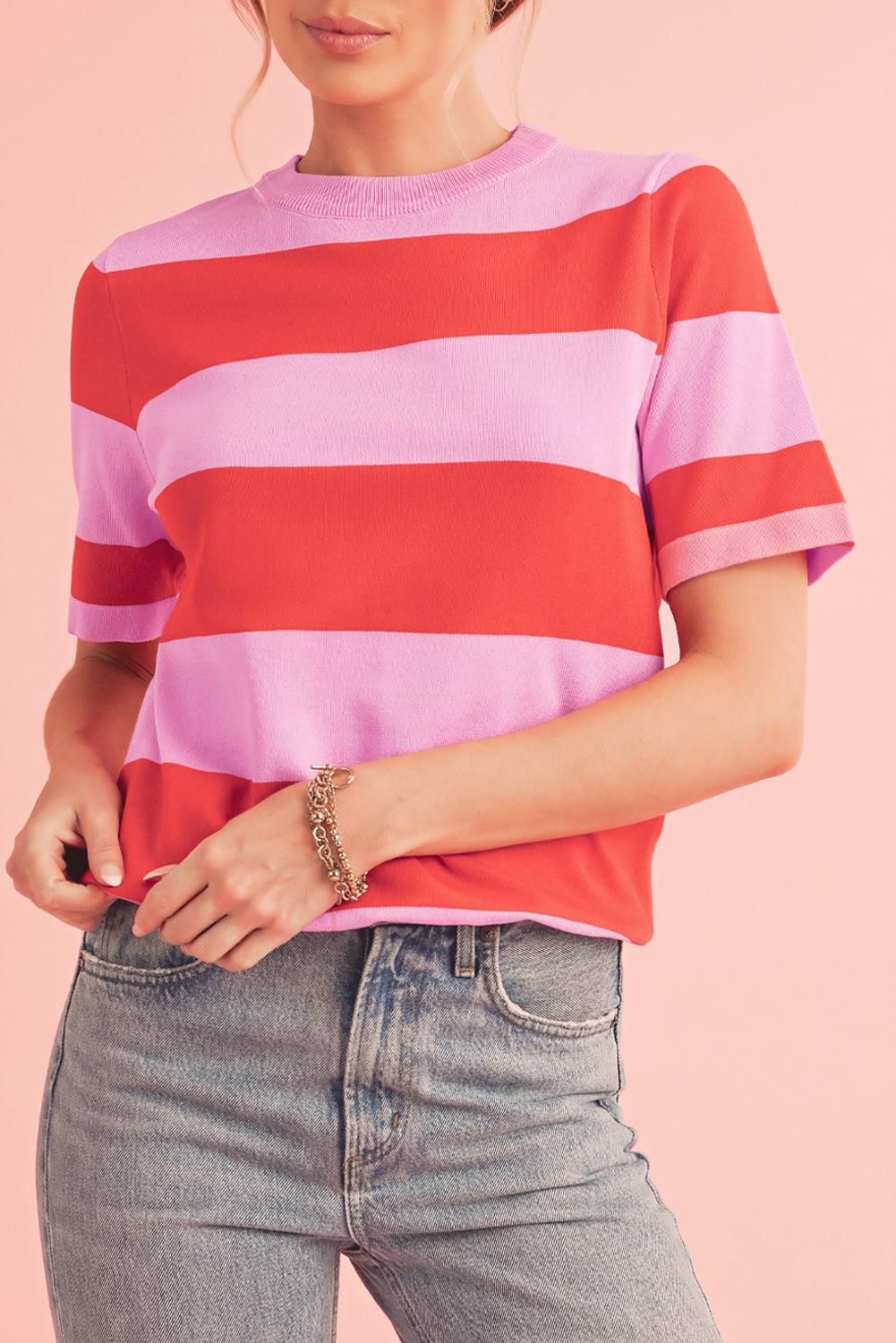 Striped Knitted T shirt Bright Pink 75%Viscose+25%Polyester Shewin Short Sleeve Sweaters