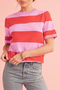 Striped Knitted T shirt Bright Pink 75%Viscose+25%Polyester Shewin Short Sleeve Sweaters