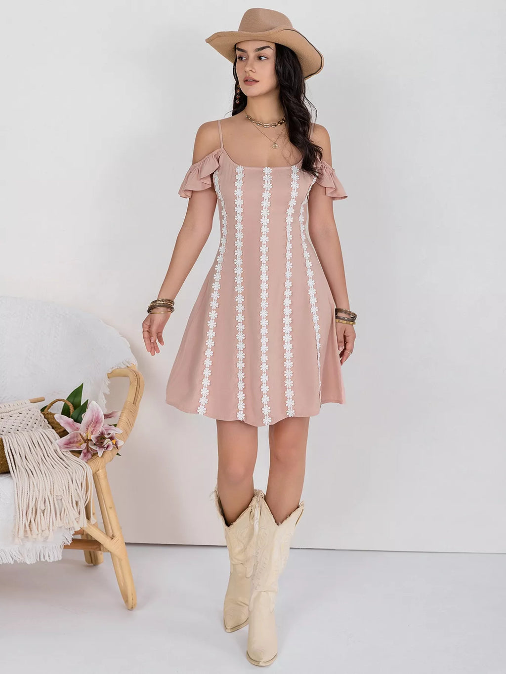 Pale Pink Stripe Floral Lace Cold Shoulder A-Line Dress Bazaare Mart Floral Lace Trim Cold Shoulder A-Line Dress