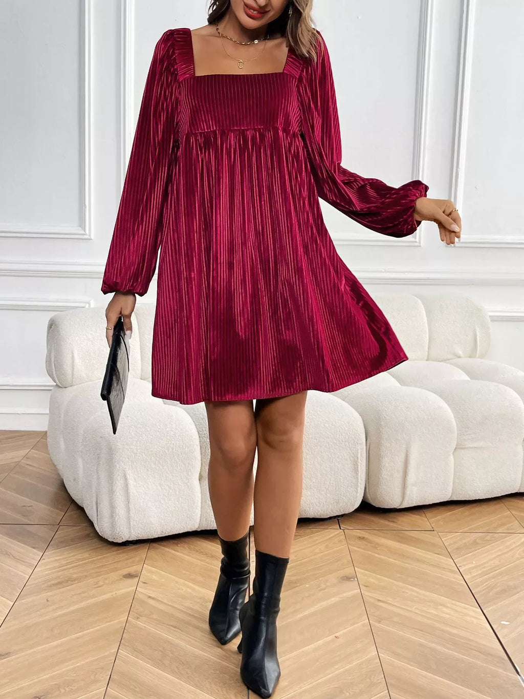 Textured Velvet Square Neck Long Sleeve Dress Bazaare Mart Long Sleeve Square Neck Velvet Dress