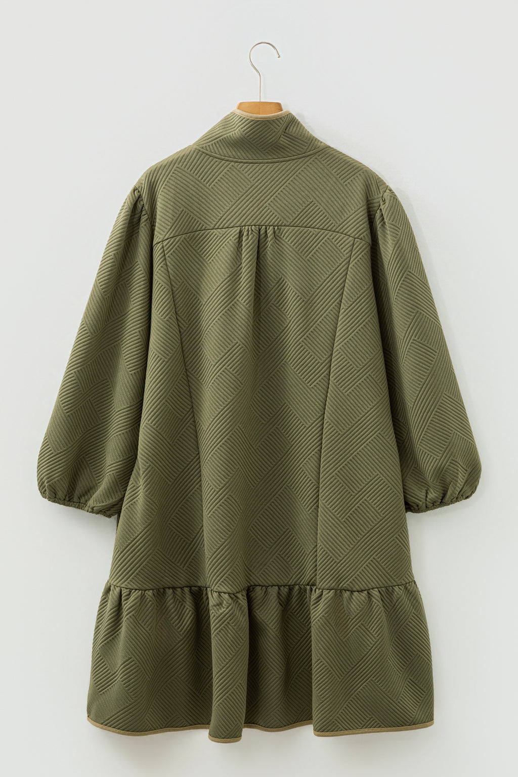 Sage Green Textured Mini Dress – Quarter-Zip Ruffle Hem